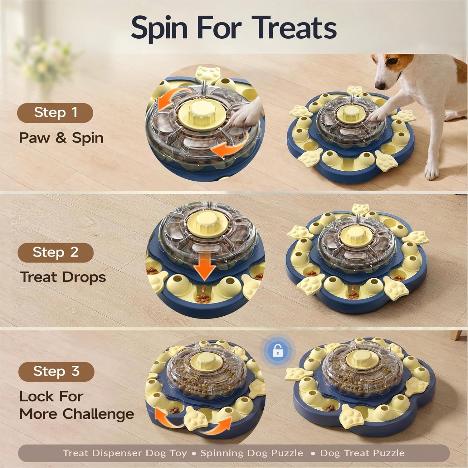 Dog Puzzle Toy, 3 Levels of Step-by-Step Challenge, Spin-to-Release Treat Dispenser, Slow Feeder & Mental Stimulation Enrichment Toy for Small Medium Large Dogs