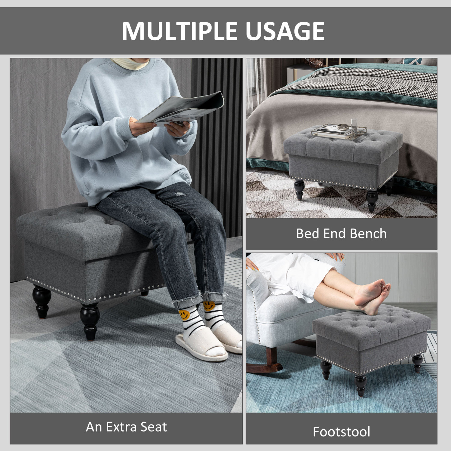 Ottoman With Storage For Living Room, 25" Tufted Storage Ottoman With Removable Lid & Wood Legs, Plush Fabric Footrest & Seat, Gray