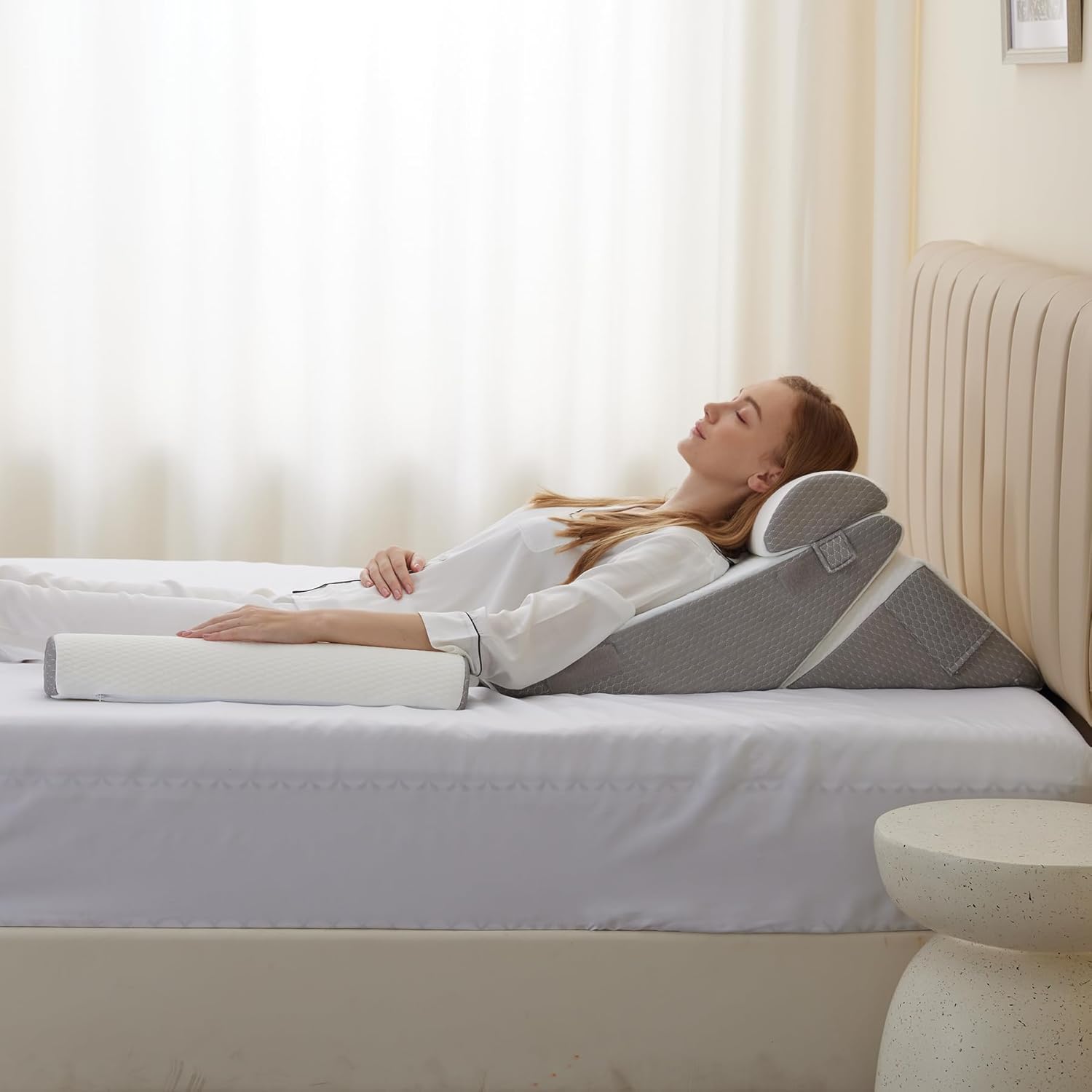 Adjustable 4-Piece Memory Foam Bed Wedge Pillow Set for Back, Neck, Leg Pain Relief, Sleeping, Sitting Up, Acid Reflux and GERD, White and Grey