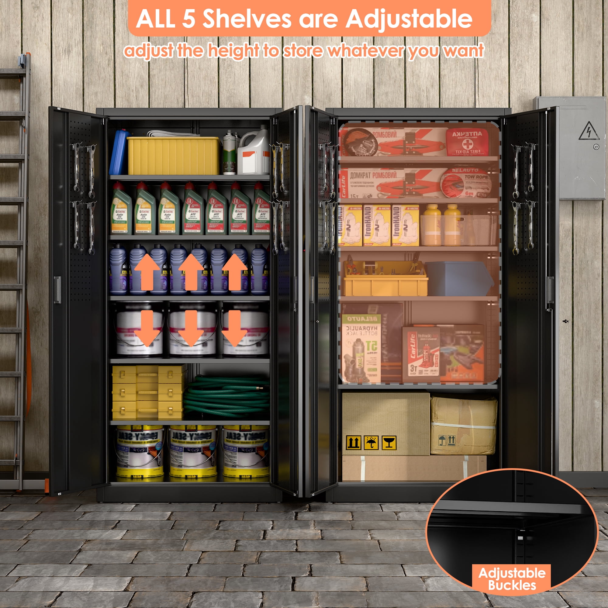 GANGMEI 72 Inches Tall Metal Garage Storage Cabinets with 5 Adjustable Shelves, Lockable Steel Black Storage Cabinet with Doors for Office, Home, School, Shops, Garage, Assembly required