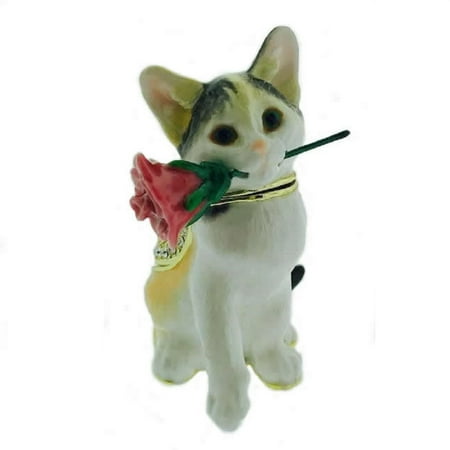 - Cat with Rose Bejeweled Enamel Jewelry Trinket Keepsake Box Container New