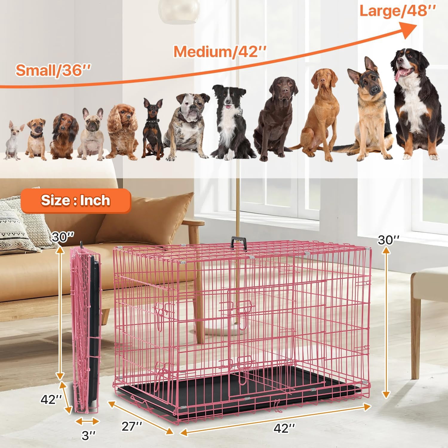 42 inch Dog Crate for Medium Large Dogs Folding Metal Dog Cage Kennel Double Door Pet Crate with Divider and Tray, Pink