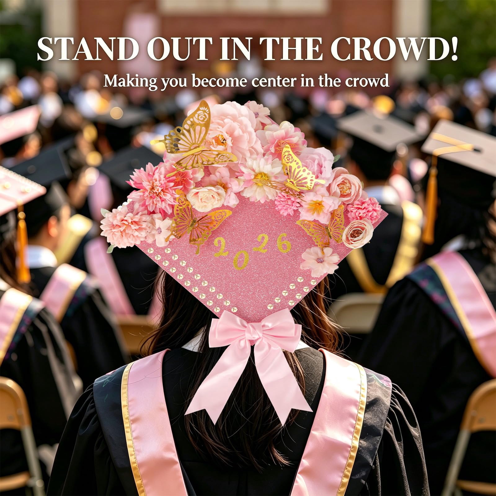 Graduation Cap Decoration Kit with Faux Flowers, 3D Butterflies and Adhesive Dots for Party