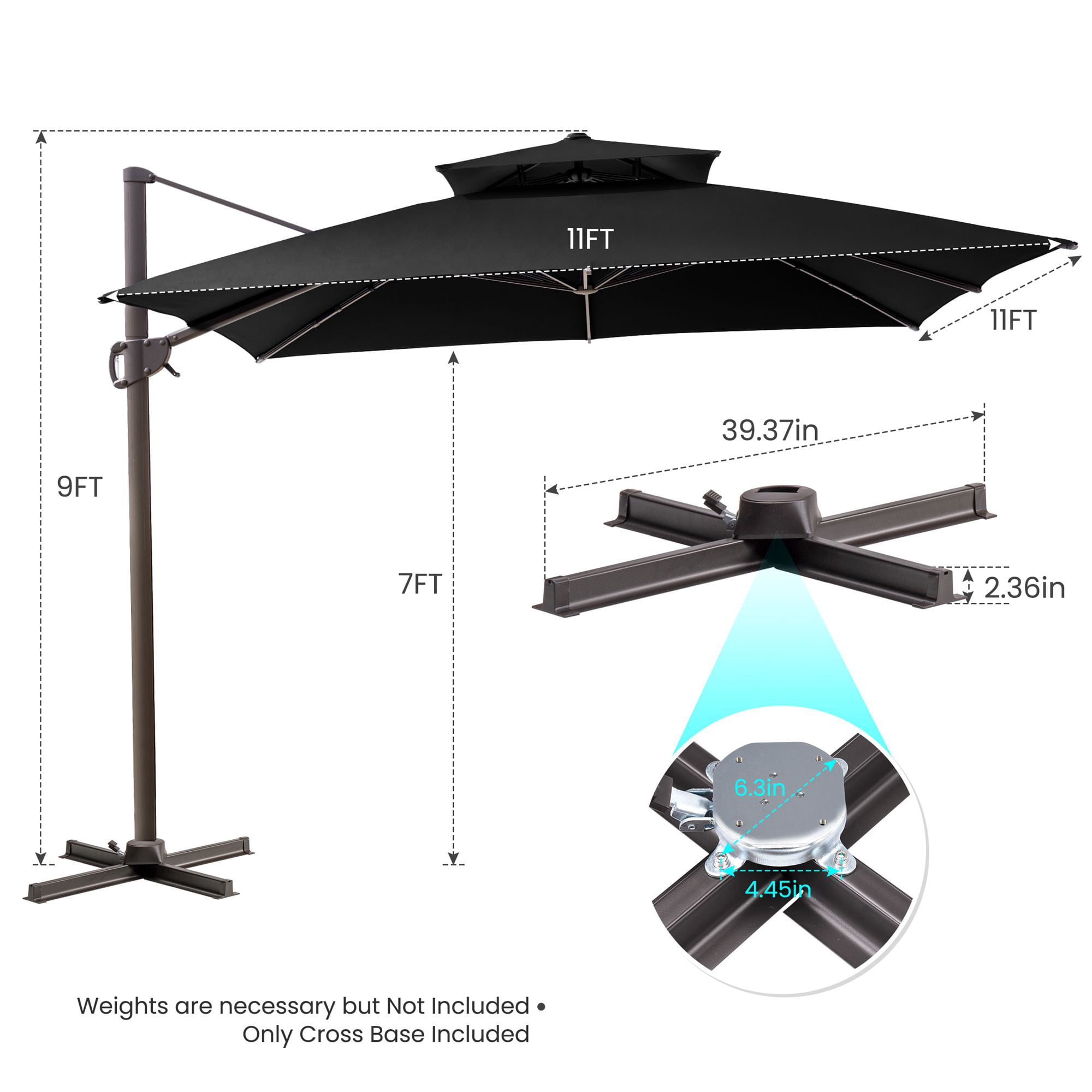 Pellebant 11 ft. x 11 ft. Square Double Top Patio Cantilever Umbrella, Black