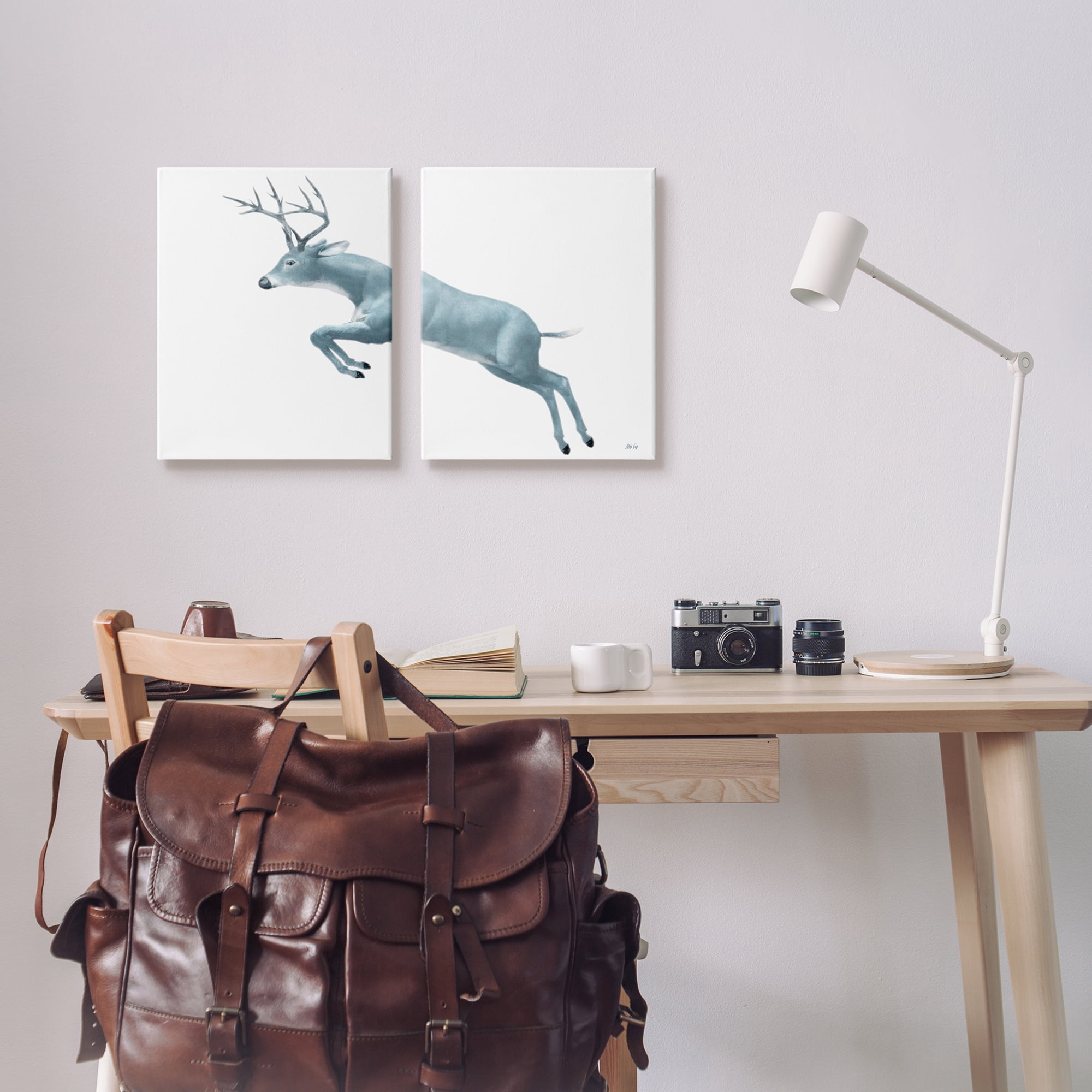 Stupell Industries Minimalist Monochromatic Deer Antlers Jumping Illustration Cabin Painting Gallery-Wrapped Canvas Print Wall Art Set of 2, 16 x 20, Design by Mela Fay