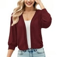 thumbnail image 6 of TKLPEHG Women's Classic 3/4 Sleeve Cardigan Open Front Cropped Cardigan Sweater Knit Short Jackets (Wine,S), 6 of 9