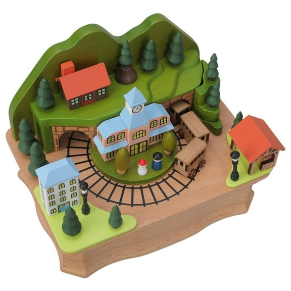 Rotating Wood Figurine Music Box Train Station Castles Nativity Scene Wind Up Musical Box for Living Room Decoration
