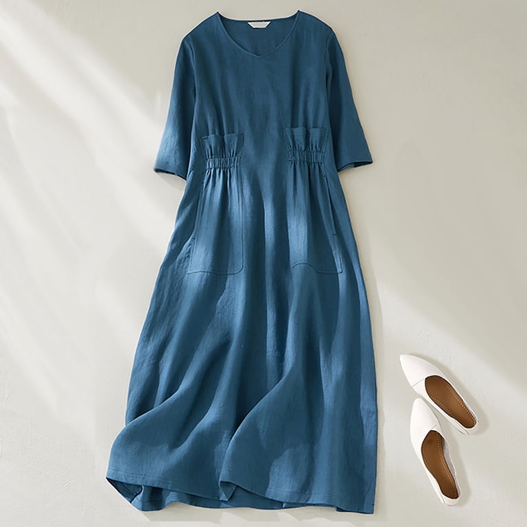 Kmdttou Women's Short Sleeve Loose Plain Dresses Women's Summer And Linen  Solid Color Literary Leisure V-neck Pleated Large Dress - Walmart.com