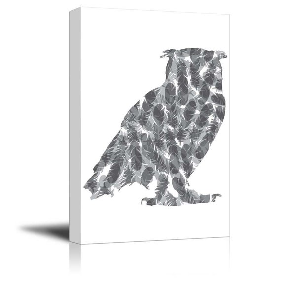wall26 Hoot - Owl and Feather Silhouette - Black and White Exclusive Artwork - Quirky Fun Design - Canvas Art Home Decor - 32x48 inches