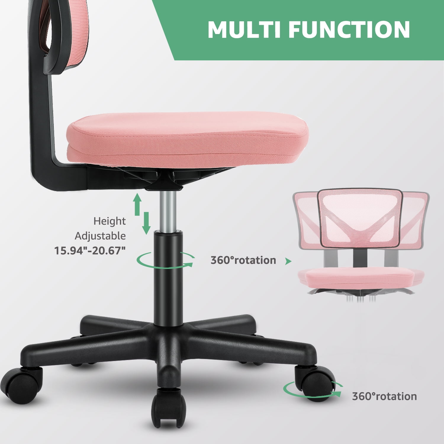 JOINSUN Armless Desk Mesh Office Chair, Adjustable Height Ergonomic Low Back Vanity Task Desk Chair with Wheels, Pink