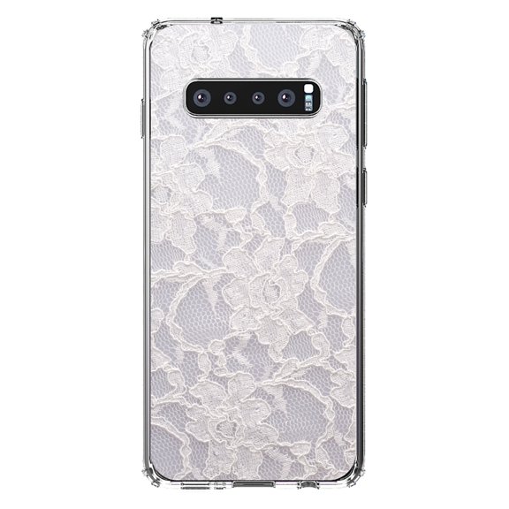DistinctInk Clear Shockproof Hybrid Case for Samsung Galaxy S10  PLUS(6.4" Screen) - TPU Bumper, Acrylic Back, Tempered Glass Screen Protector - White Lace Wedding