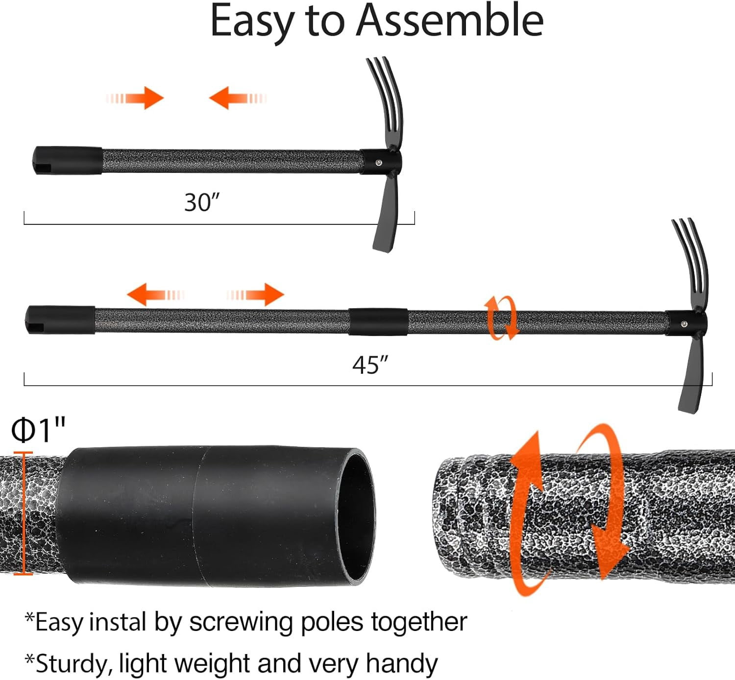 Hoe and Cultivator Gardening Hand Tools, Heavy Duty Stainless Steel Garden 3 Fork Tiller for Weeding Planting with Adjustable Handle 45 inch