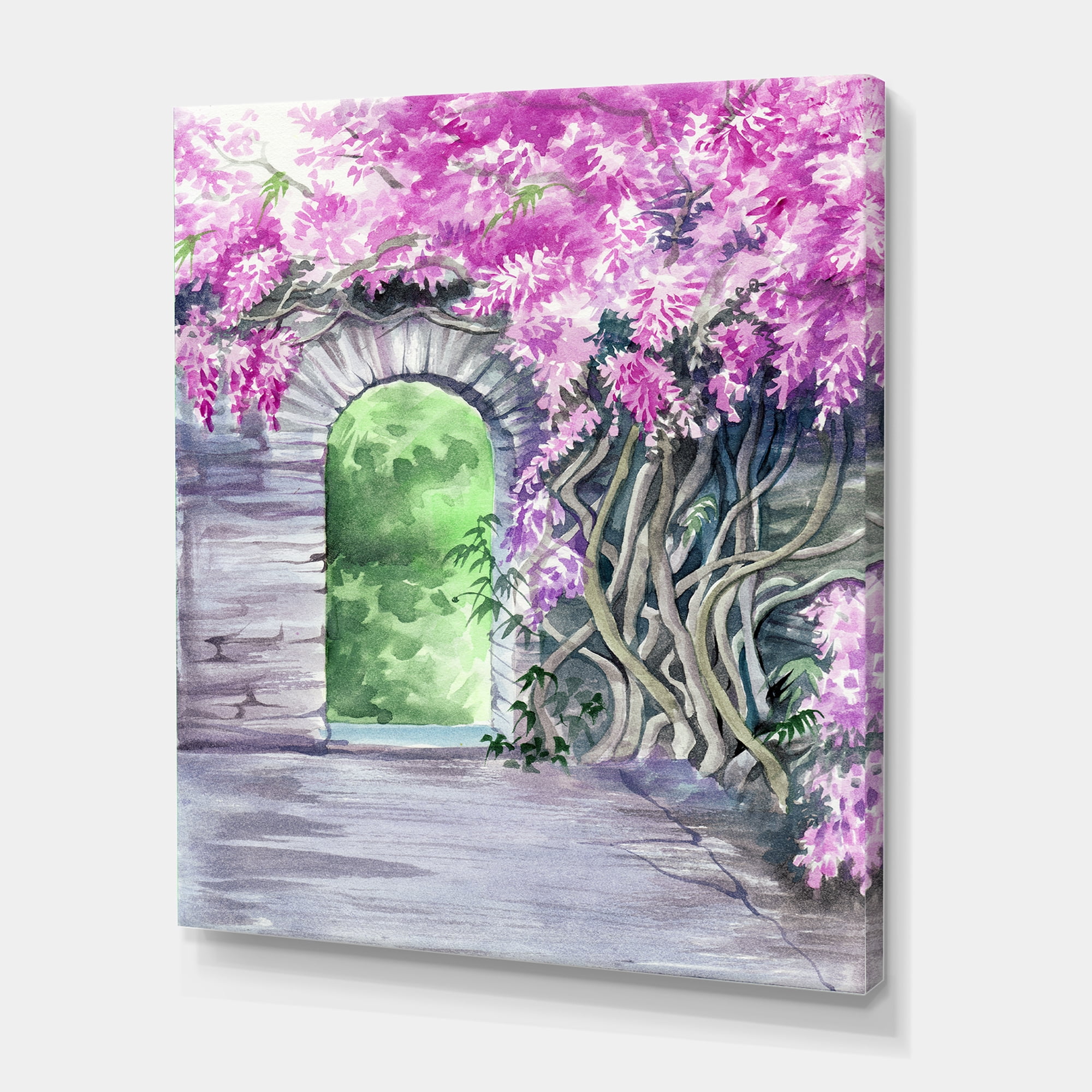 Designart ' Blossoming Purple Wisteria Garden Over The Wall ' Traditional Canvas Wall Art Print
