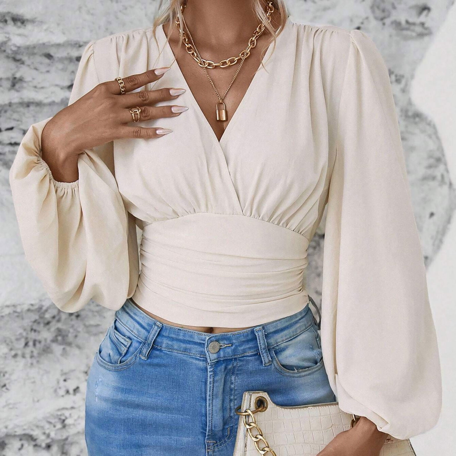 Women's V-Neck Long Puff Sleeve Blouse - Fall Tunic Top, Polyester Spandex, Loose Fit - View #8