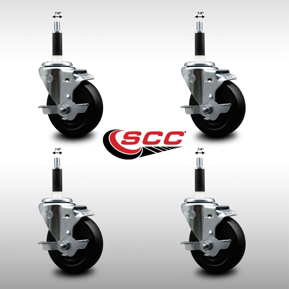 Stainless Steel Hard Rubber Swivel Expanding Stem Caster Set of 4 w/4" x 1.25" Black Wheels and 7/8" Stems - Includes 4 with Top Lock Brakes - 1200 lbs Total Capacity - Service Caster Brand - image 2 of 4