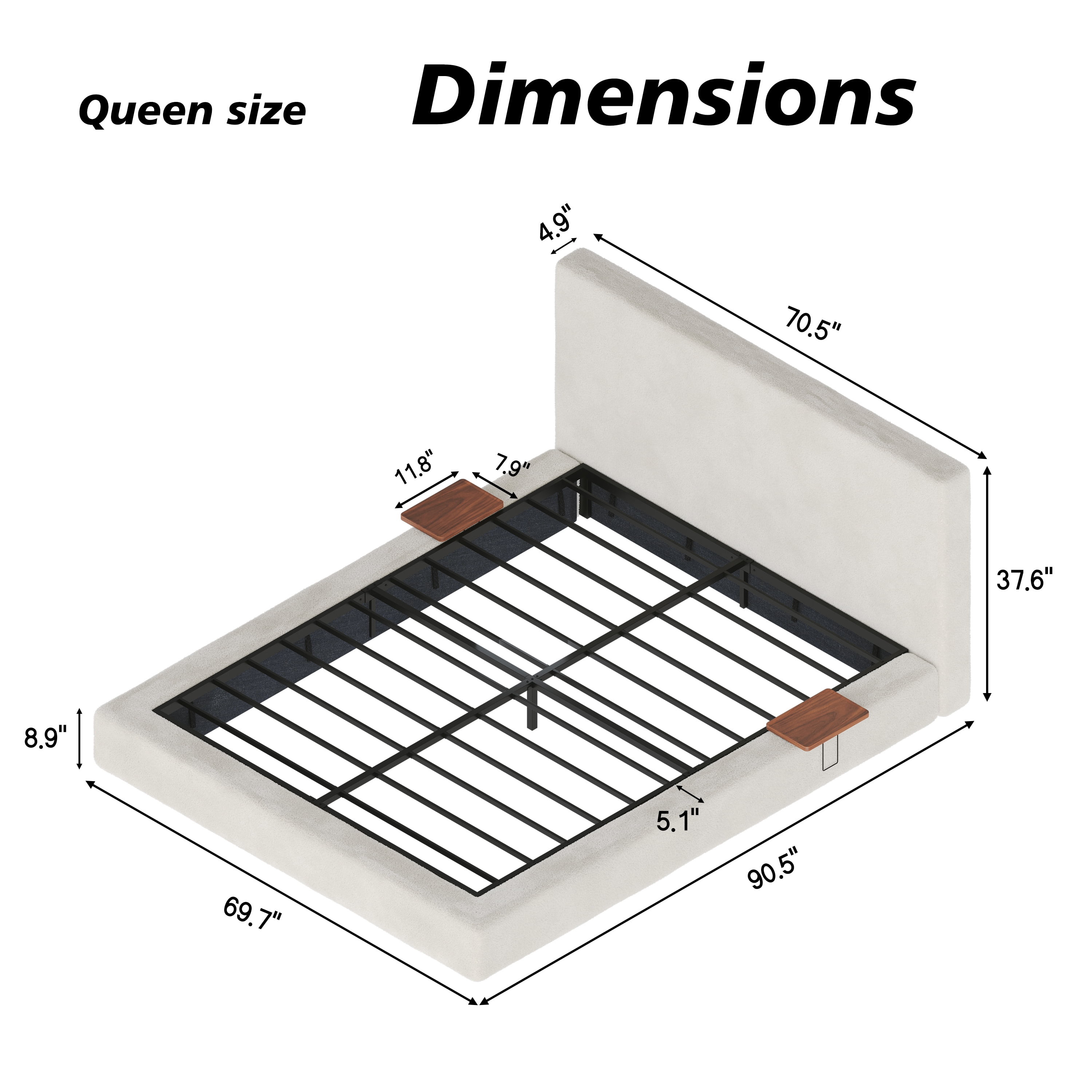 Queen Size Cloud Bed Frame with Headboard Shelves and Low-Profile Design