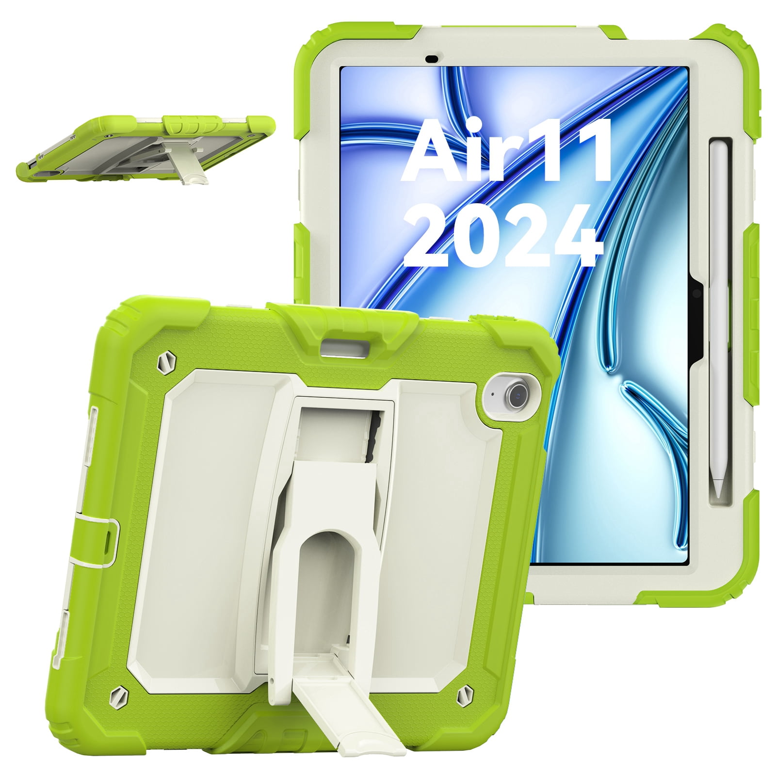 Dteck Built-in Screen Protector Case for iPad Air 11 inch 2025/2024 ,Heavy Duty Silicone Case Foldable Stand Cover Built-in Pencil Holder with Shoulder Strap for iPad Air 11-in. M3/M2,Green