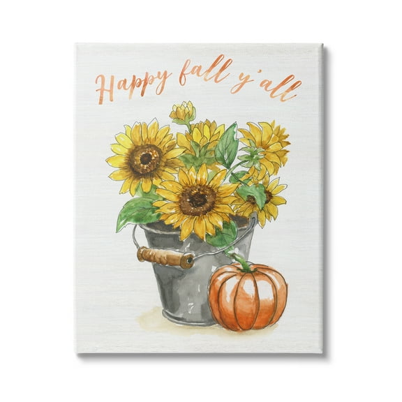 Stupell Indtries Happy Fall Y'all Greeting Sunflower Tin Bucket Pumpkin,30 x 40,Design by Nan