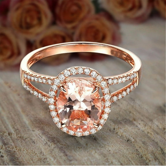 Limited Time Sale 2.25 Carat 8x6mm Oval Cut Morganite and Diamond Moissanite Halo Engagement Ring with 18k Gold Plating