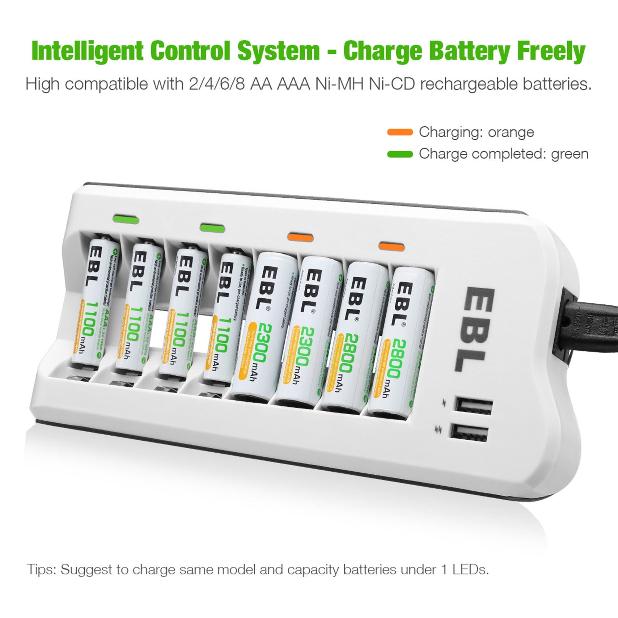EBL 8-Slots AA AAA Charger for NIMH NICD Rechargeable Battery Dual USB Port