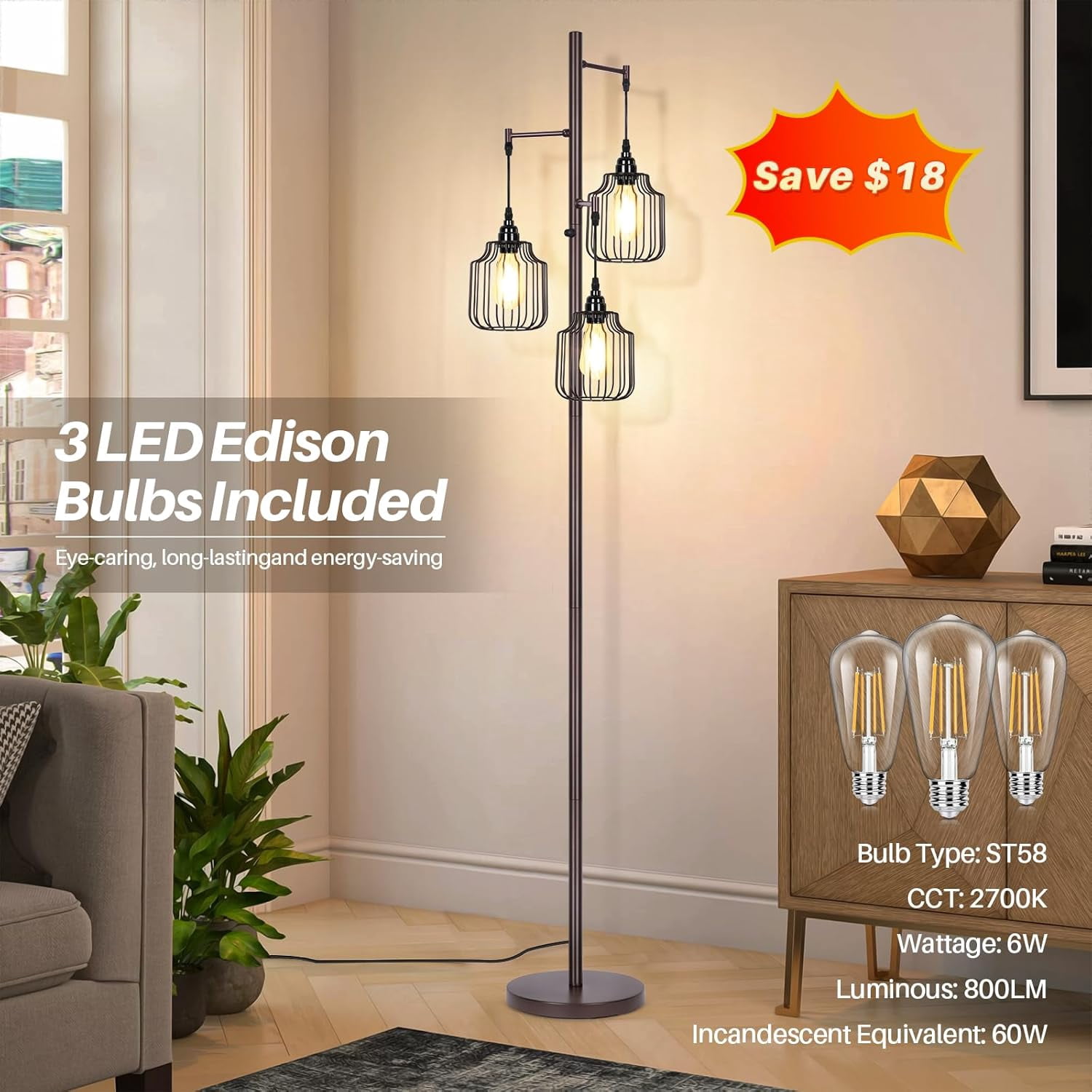 Nordic Hygge Dimmable Industrial Floor Lamp with 3 LED Edsion Bulbs, Brown