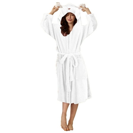 GHSOHS Robes for Women Night Lingerie Dress Bath Robe Double Pocket 3d Ear Hooded Flannel Bathrobe Soft and Warm Velvet Bathrobe Pajamas and Home Wear Sleepwear Sleepshirt Robe Nightgown