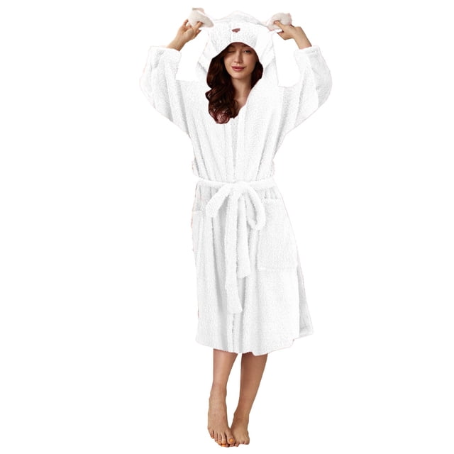 Albornoz de franela con doble bolsillo y capucha con orejas 3D para mujer - Terciopelo suave, absorbente, ropa informal para estar por casa, varias tallas