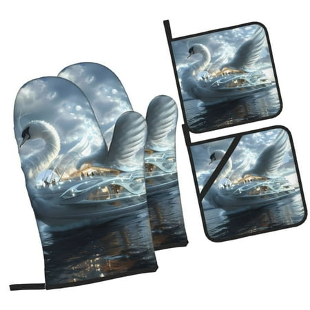 

Pofeuu Fantasy Swan Yacht Design Print Oven Mitts and Pot Holders 4 pcs Set High Heat Resistant 500 Degree Extra Thicken Long Kitchen Cotton Oven Glove for Cooking
