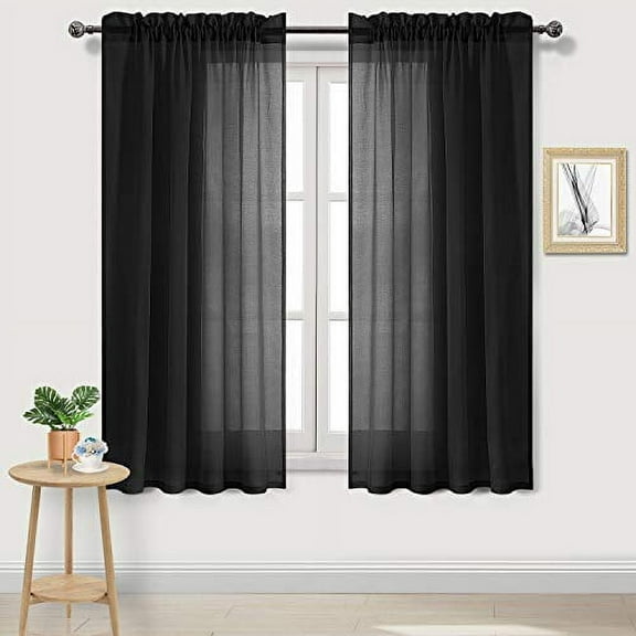 DWCN Black Sheer Curtains Semi Transparent Voile Rod Pocket Curtains for Bedroom and Living Room, 52 x 63 inches Long, Set of 2 Panels