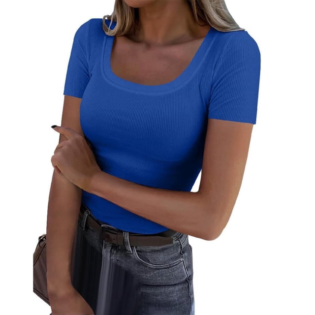 Pxiakgy T-Shirts à Manches Courtes Col Rond Côtelé Ajusté Décontracté Été Slim Basique pour Femmes Taille:S-2TG