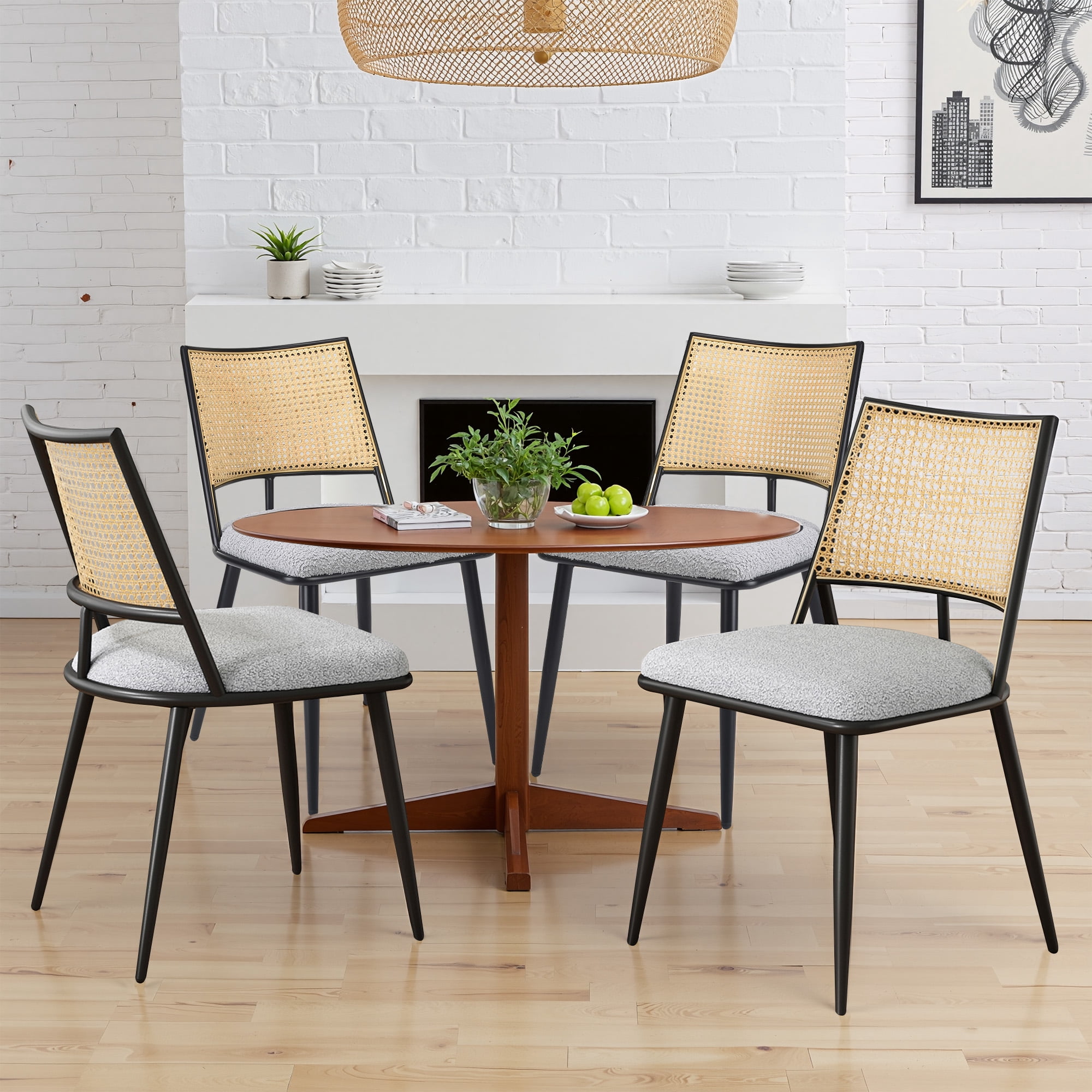 MAYEERTY Light Gray Dining Chairs Set of 2, Rattan Backrest, Metal Frame, Boucle Upholstery for Living Room