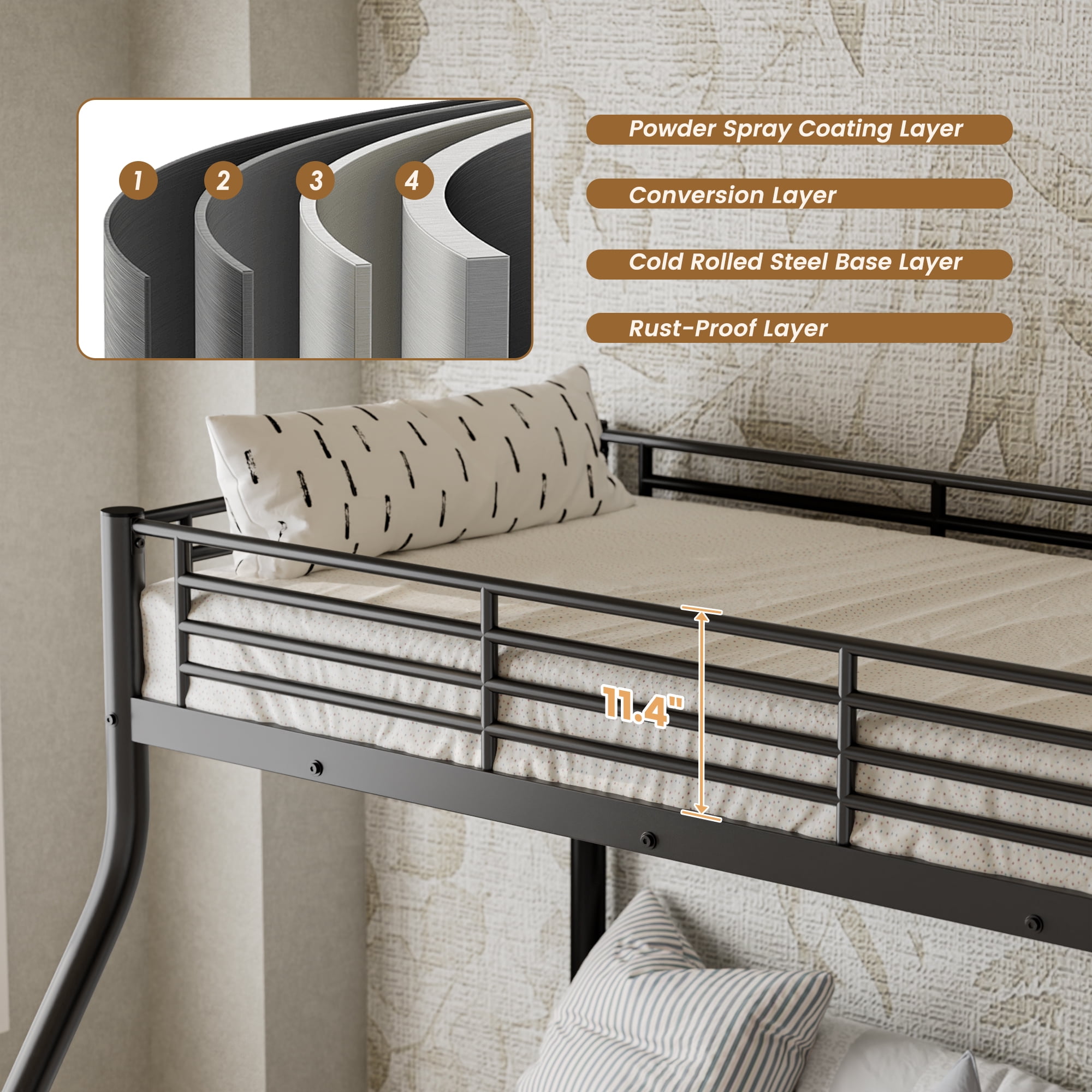 Space-Saving Black Twin Over Full Bunk Bed, Heavy-Duty Metal Bed Frame with Full-Length Rail and Ladder, Quiet Anti-Squeak Design for Kids Teens