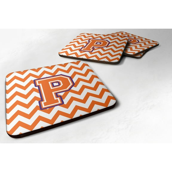 Letter P Chevron Orange and Regalia Foam Coaster Set of 4