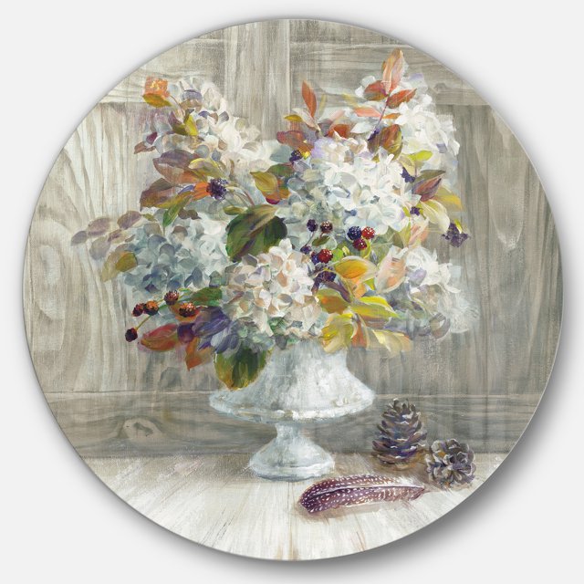 Designart 'Rustic Florals White' Art Mural Rond en Métal Style Ferme - Disque de 36