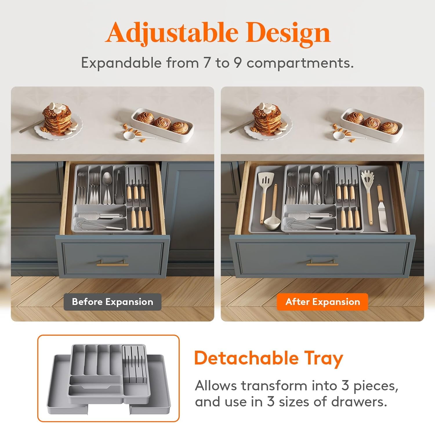 Lifewit Silverware Organizer for Kitchen Drawers, Expandable Utensil Tray with Removable Knife Block, Adjustable Cutlery and Flatware Holder, Plastic Spoon Forks Holder Storage Divider, Large, Gray