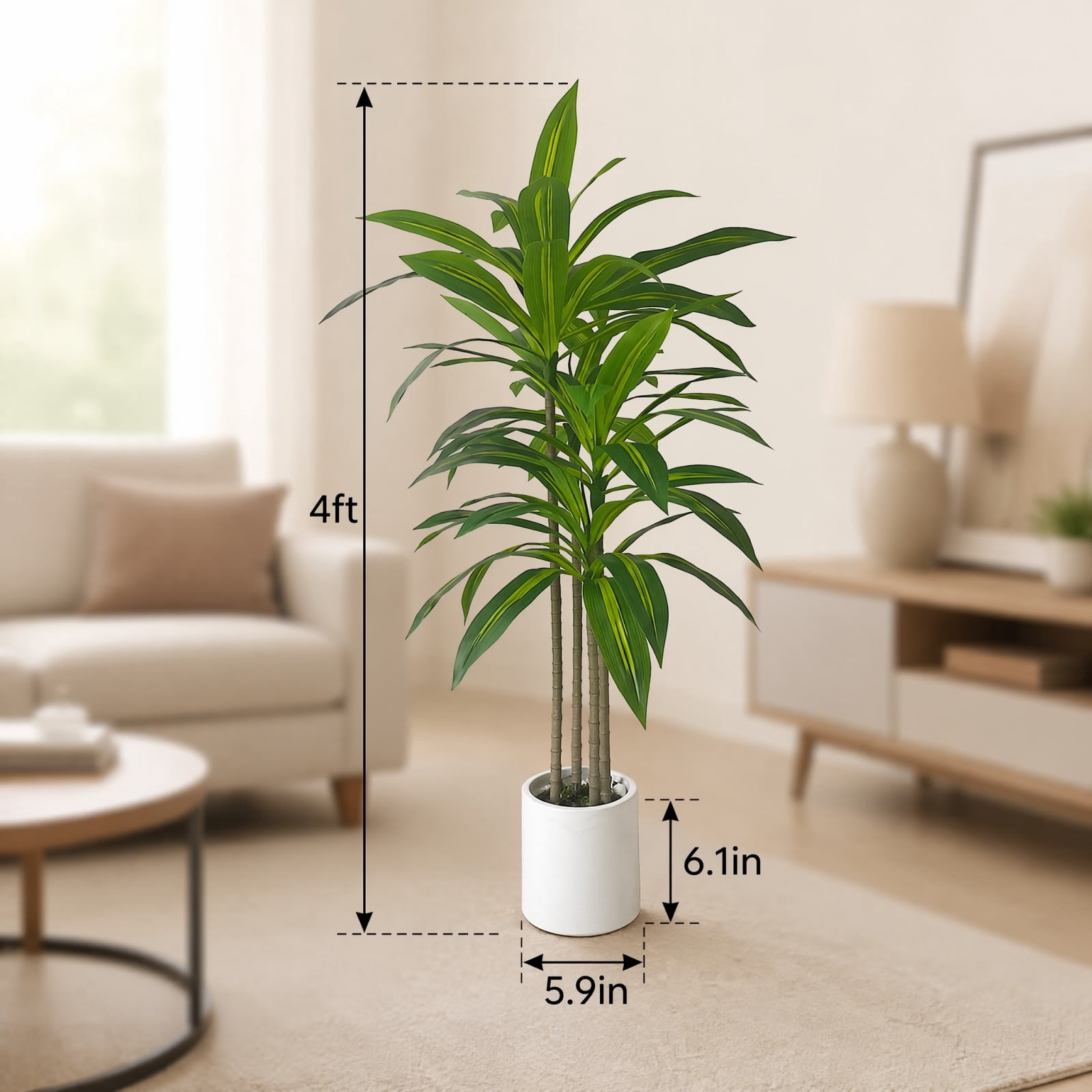BEAUTYPEAK 4FT Artificial Dracaena Tree Fake Plants for Indoor Outdoor Decor, Upgraded White Pot