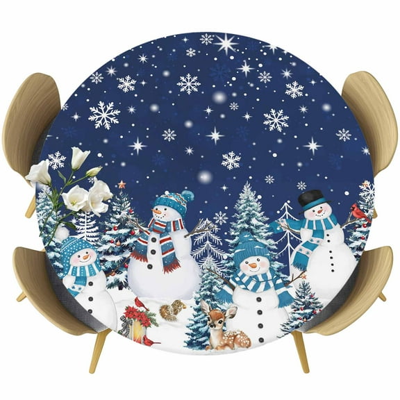 Round Table Cover 45-54 Inch Navy Blue Christmas Waterproof Reusable Table Cloth Round Fitted Vinyl Tablecloth with Elastic Edged for Parties Outdoors, Snowman Xmas Tree Snowflake Winter