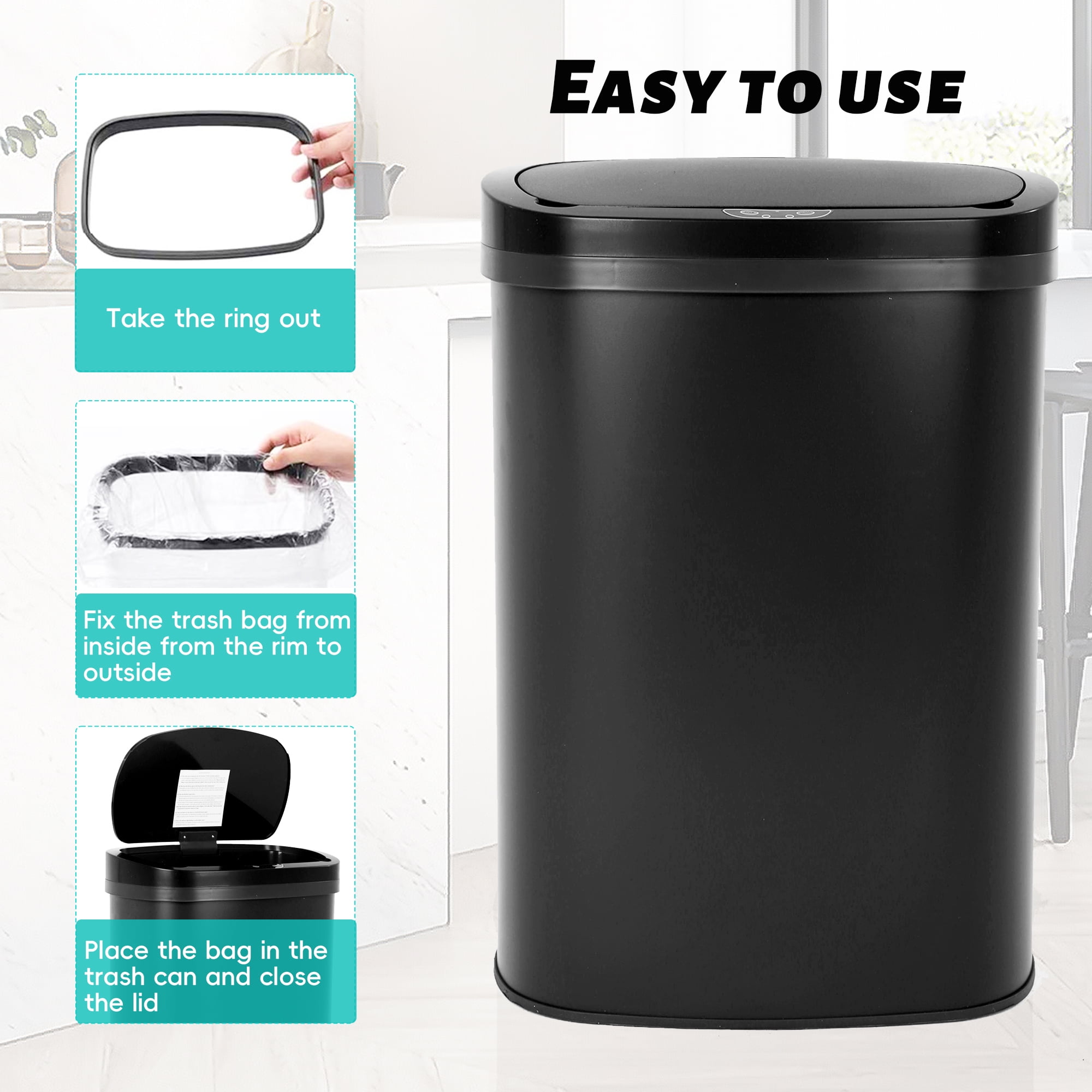 YRLLENSDAN 13 Gallon Trash Can Motion Sensor Trash Can Automatic Trash Cans Touchless Stainless Steel Kitchen Trash Can with Lid Kitchen Garbage Can for Bathroom Bedroom Home Office, Black