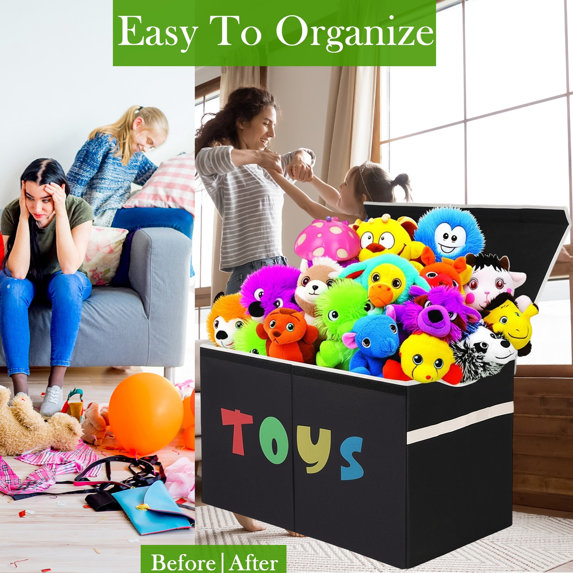 VICTORICH Extra Large Child Collapsible Toy Storage Fabric 32 gal Kids Room Toy Chests, Black
