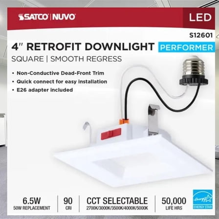 Satco S12601 6 Watt 4-Inch LED Downlight Retrofit CCT Selectable 2700K 3000K 3500K 4000K 5000K Square White Finish Energy Efficient Recessed Fixture