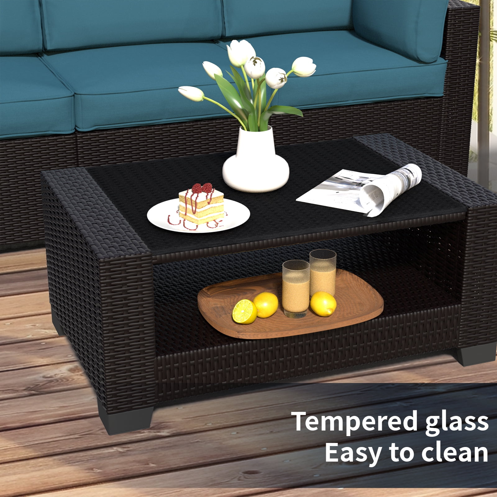 SHGJ&SOFT 7 Piece Patio Furniture Set, Wicker Outdoor Sectional Sofa with Washable Cushion Covers and Tempered Glass Table, Rattan Conversation Set for Poolside, Lawn, Balcony