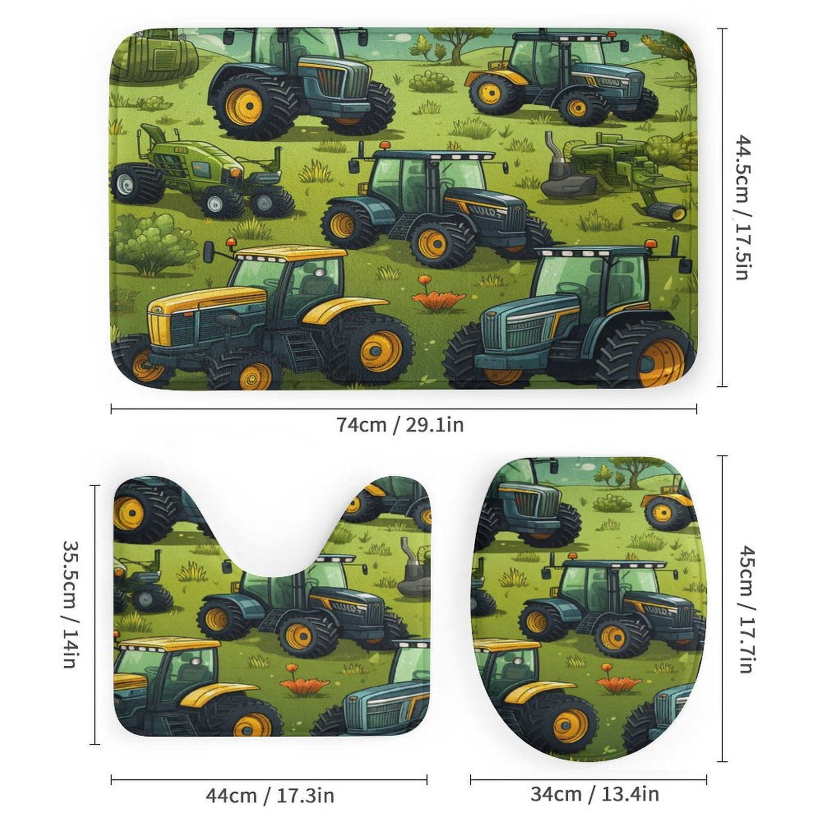 Shower Curtain 4 Piece Set Green Tractors Pattern Non-Slip Rugs And Toilet Mat Lid Rug Accessories Equipment Trucks Bathroom Decor Set with Accessories for Bathtub Decor 72inch X 72inch