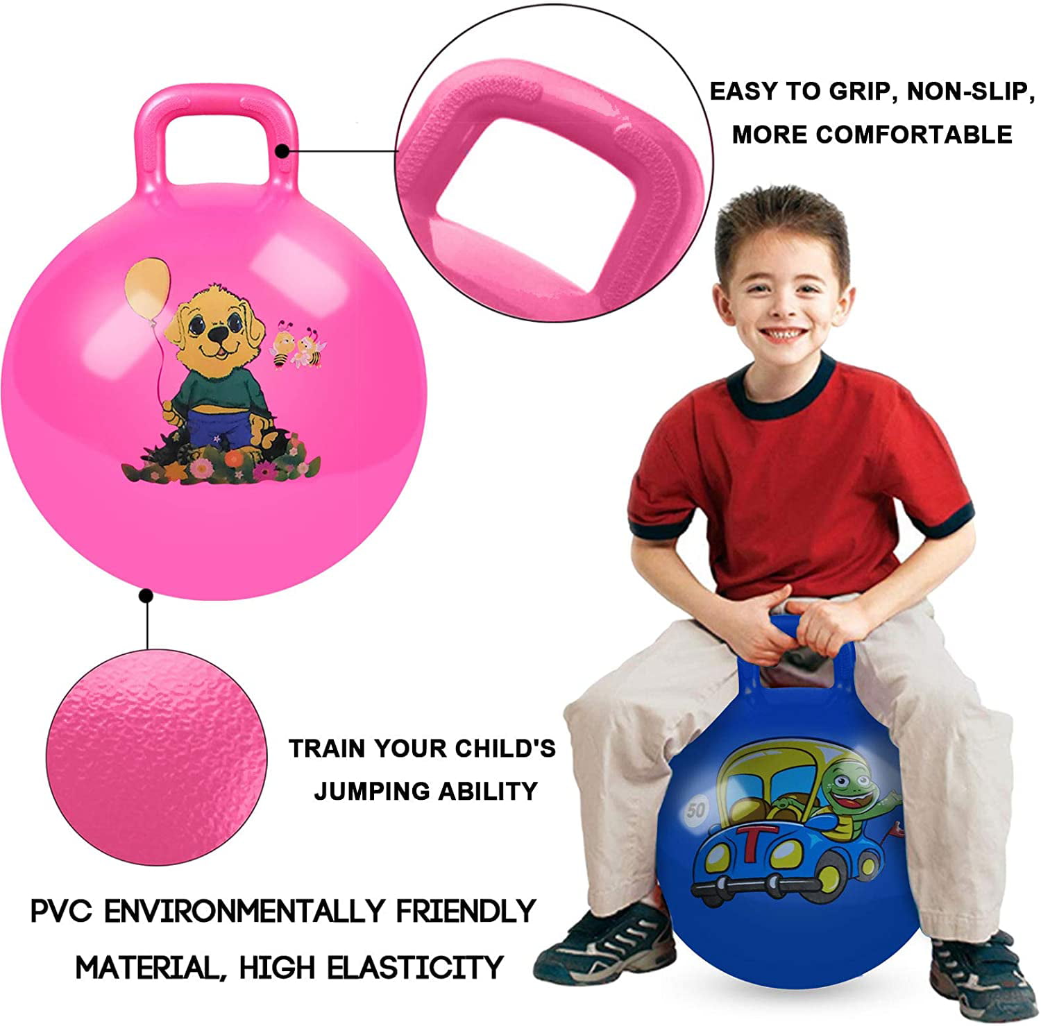 2 Pack Jump Hopper Bouncy Hopping Ball 18 inch with Handle Party Favors for Kids 3-6 Years School Team Family Ride & Jumping