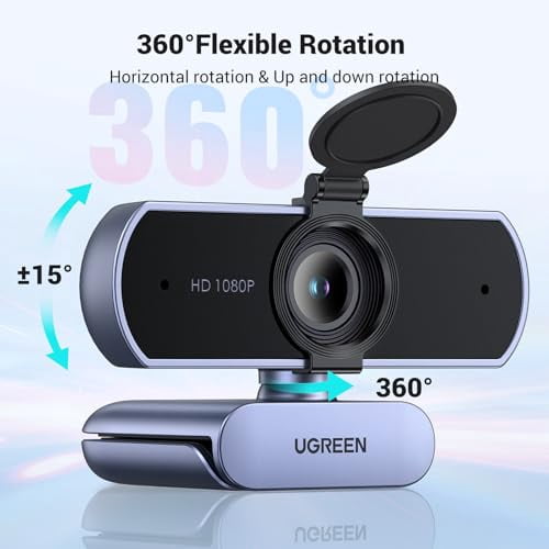 UGREEN Full HD 1080P Webcam with Microphone, 2 Noise-Canceling Mics, 85 °   Fov & Fixed Focus, Plug and Play, Auto Light Correction, Privacy Cover PC Camera for Zoom/Skype/Teams, Switch 2