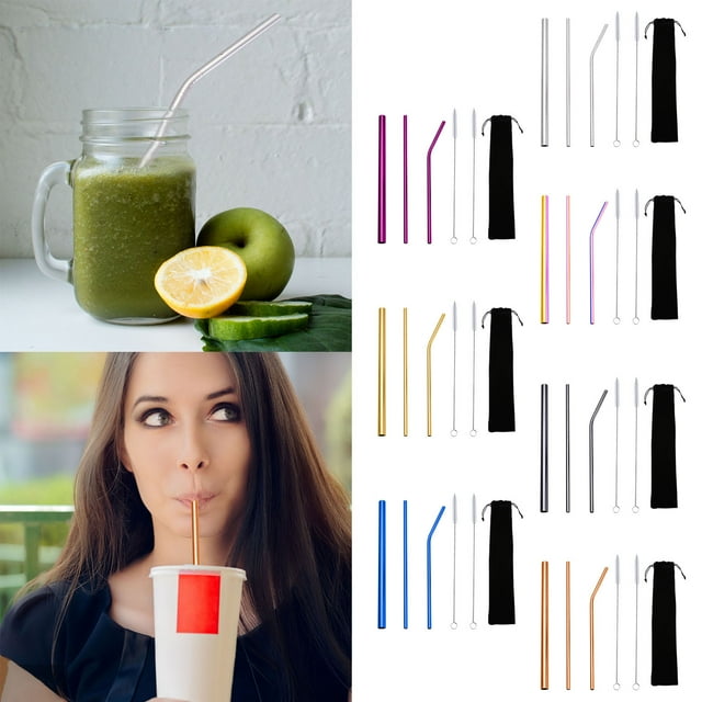 Juego de Pajitas de Acero Inoxidable 304, Bolsa de Tela Portátil, Superficie Pulida, Diseño de Metal Duradero, Uso Versátil para Bebidas, Ecológico E Higiénico, Incluye 3 Pajitas, 2 Cepillos