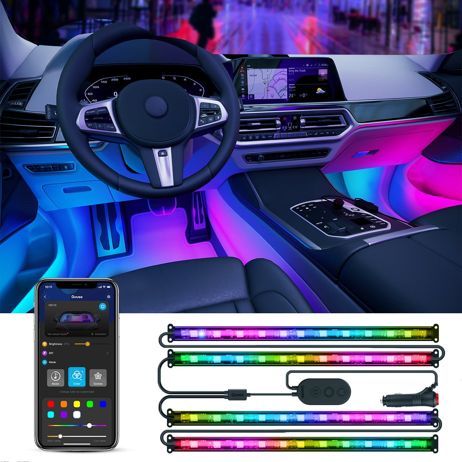 4x RGB DreamColor RGBIC LED Interior Car Strip Lights Color Changing APP Control