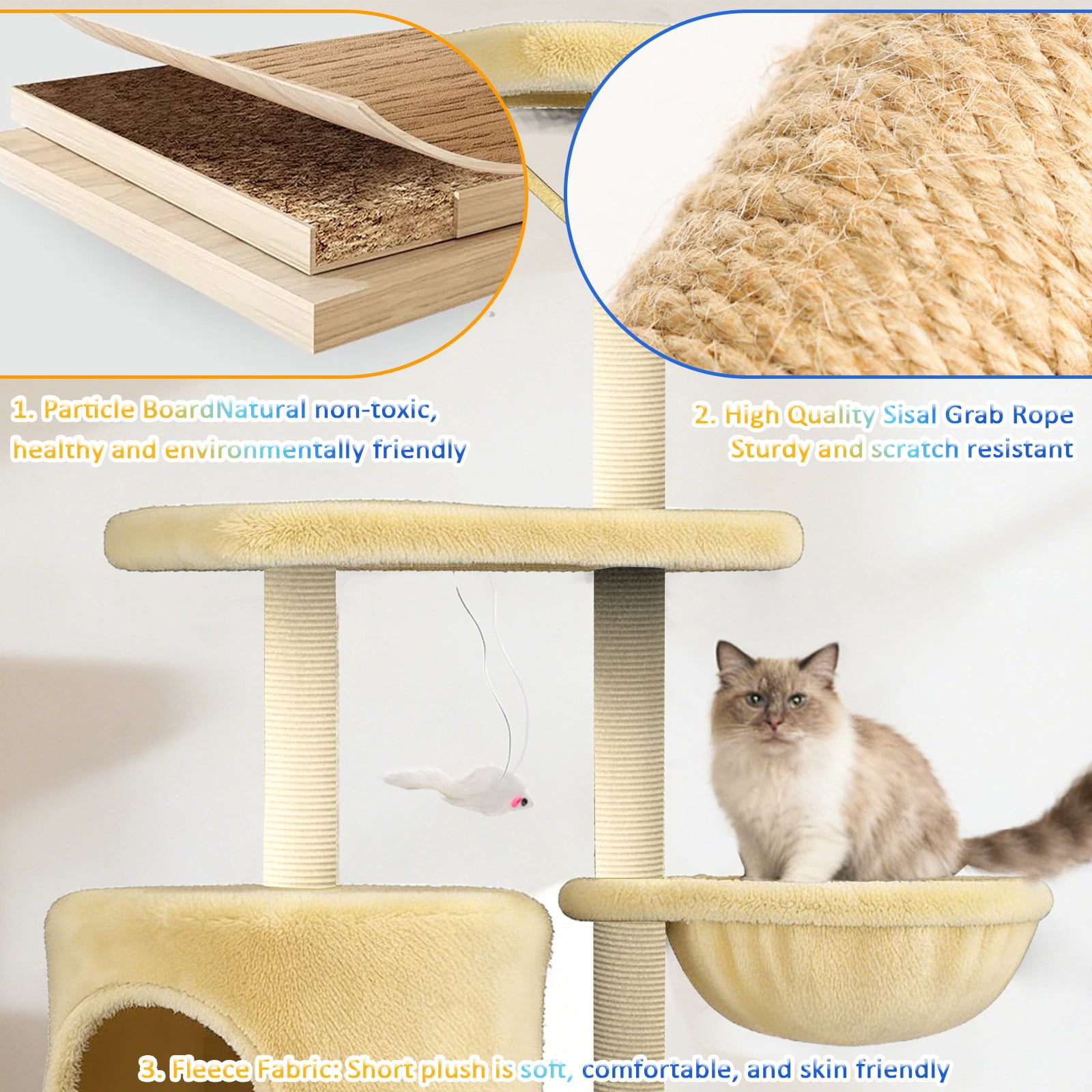 Cat Tree, 53in Cat Tower with Sisal Scratching Posts, Climbing Ladder, Hanging Toys, Pet House Furniture for Indoor Kittens, Beige