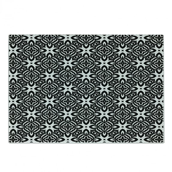 Black and White Cutting Board, Abstract Checkered Pattern Design with Monochrome Floral Details Vintage, Decorative Tempered Glass Cutting and Serving Board, Small Size, Black White, by Ambesonne