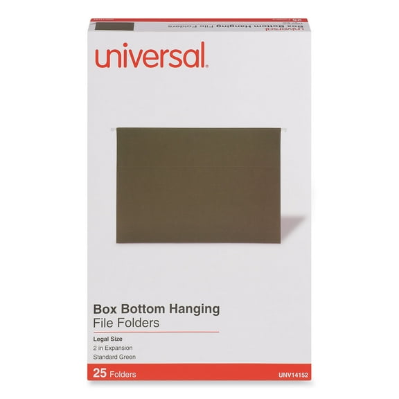 Universal UNV14152 1/5-Cut Tab Box Bottom Hanging File Folders - Legal Size, Standard Green (25/Box)