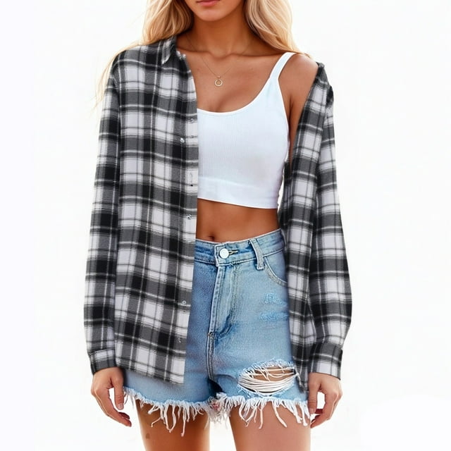 SHIXIAOO Women's Casual Plaid Button Down Shirt Long Sleeve Open Front Blouse Tops for Fall Winter Daily Wear with Jeans Comfortable Basic Womens plus Size Exercise Shirts T Shirts for Women Fashion
